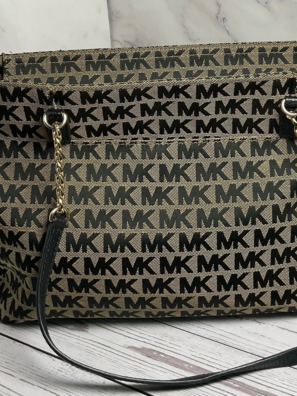 Michael Kors Black & Beige MK Logo Shoulder Bag